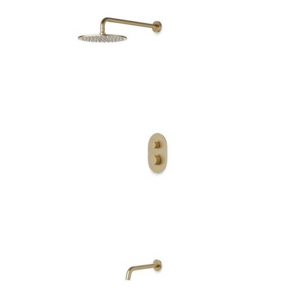 PS144 - Opera Round Thermostatic Shower Trim Kit with Wall Mount Shower Head, Tub Filler Artos US Satin Brass